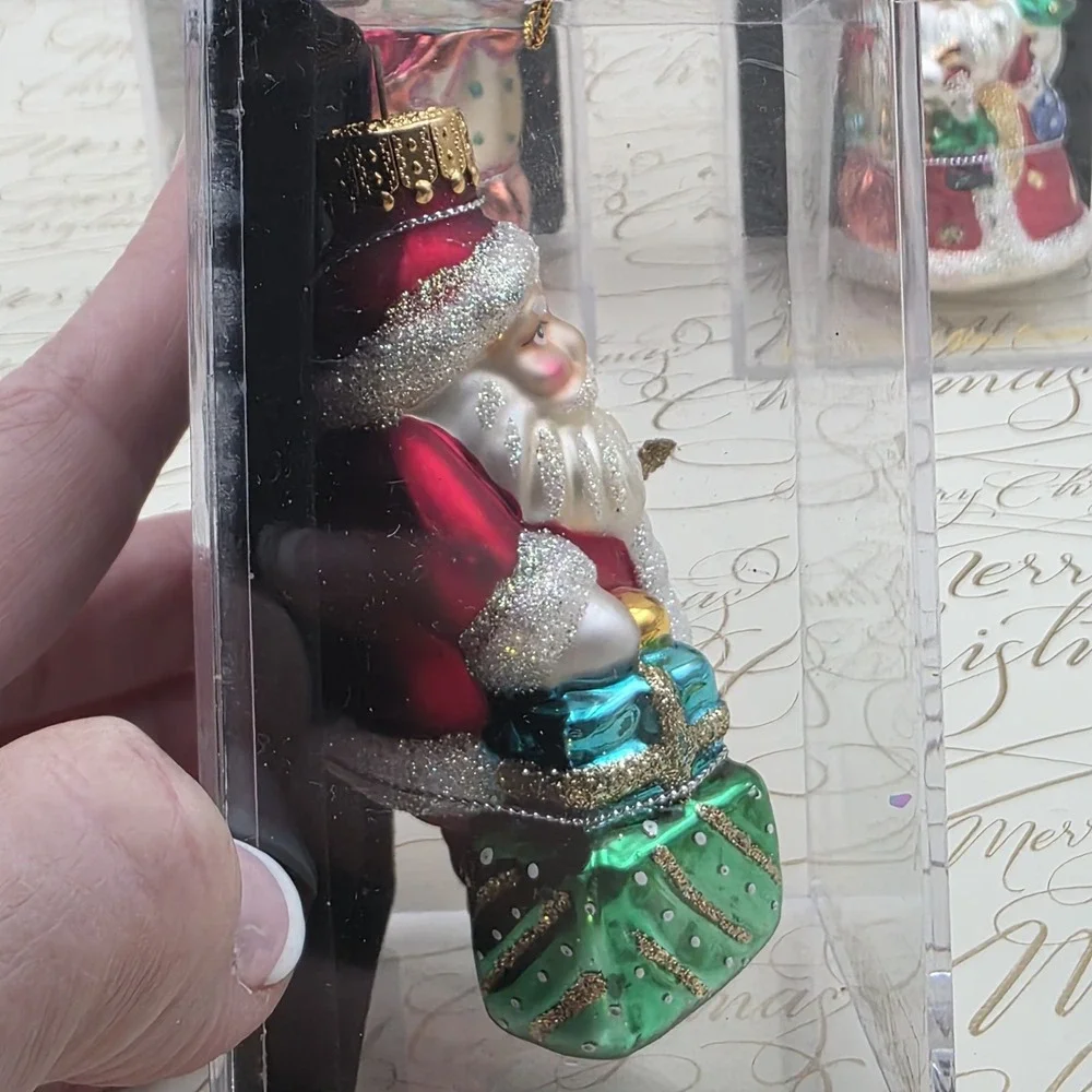 3 Unique Treasures Santa Ornaments Blown Glass Gifts Sleigh Toys Vintage NIB NOS